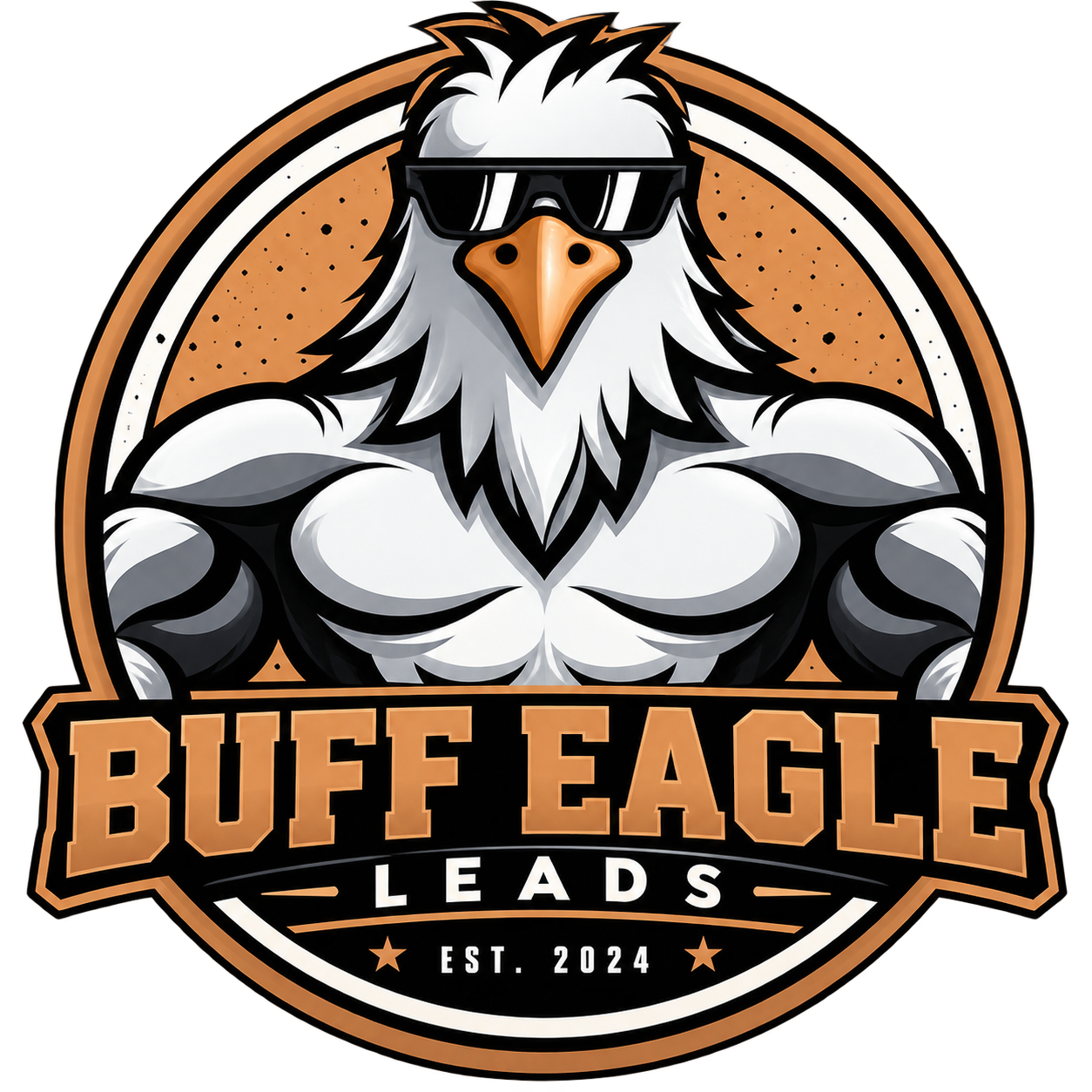 Buff Eagle Leads mascot: a muscular bald eagle wearing sunglasses inside a circular badge