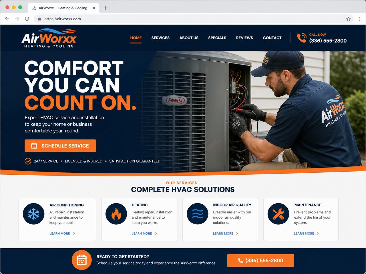 AirWorxx HVAC website homepage with a technician servicing an AC unit and a schedule service button